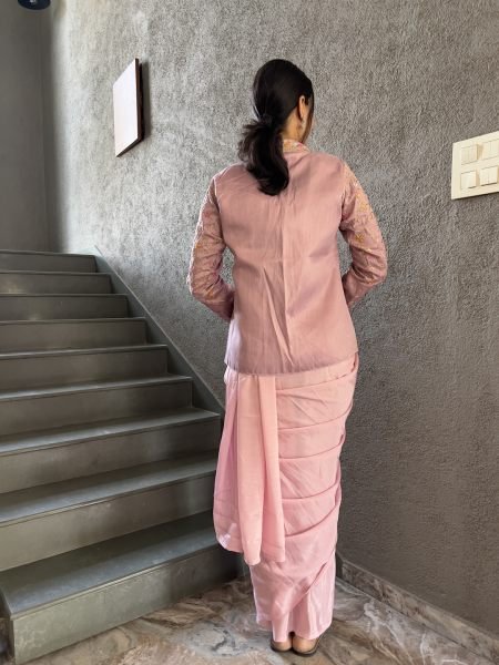 Heavy Chinon Jacket Saree With Blouse and Cording Embroidered Work Ready To Wear Sarees