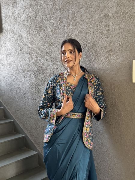 Heavy Chinon Jacket Saree With Blouse and Cording Embroidered Work Ready To Wear Sarees