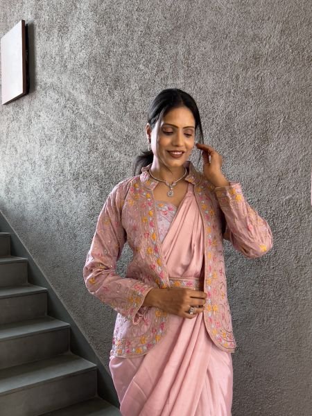 Heavy Chinon Jacket Saree With Blouse and Cording Embroidered Work Ready To Wear Sarees
