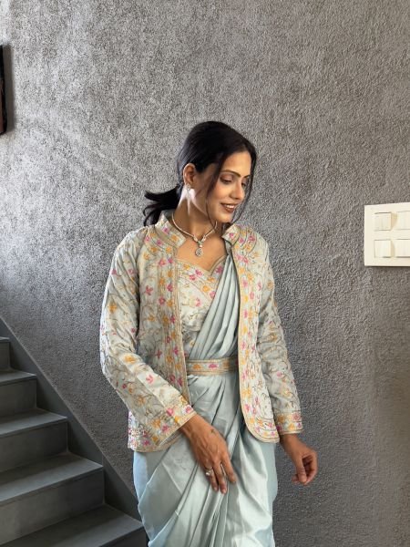 Heavy Chinon Jacket Saree With Blouse and Cording Embroidered Work Ready To Wear Sarees