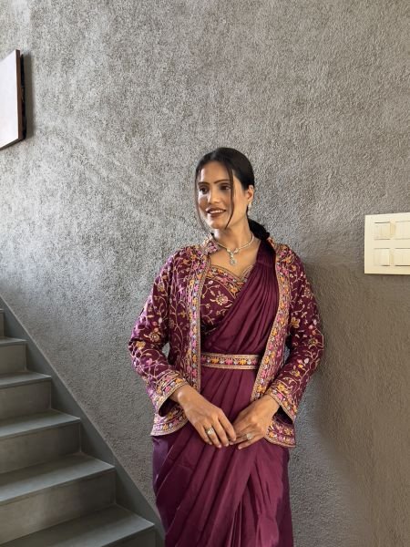 Heavy Chinon Jacket Saree With Blouse and Cording Embroidered Work Ready To Wear Sarees