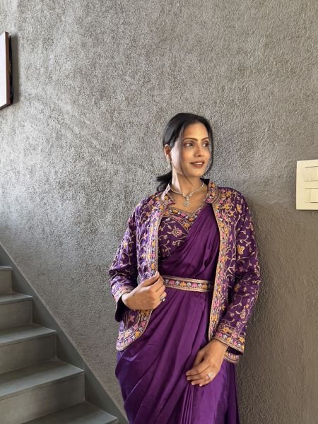 Heavy Chinon Jacket Saree With Blouse and Cording Embroidered Work Ready To Wear Sarees