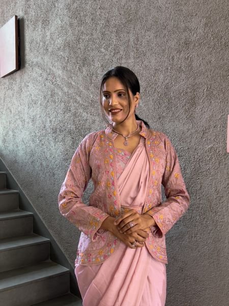 Heavy Chinon Jacket Saree With Blouse and Cording Embroidered Work Ready To Wear Sarees