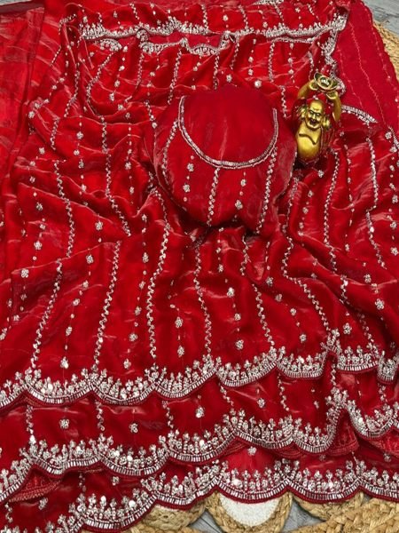 Heavy Zari Embroidery Scalloped Cutwork Border Chiffon Satin Saree