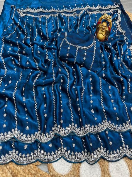 Heavy Zari Embroidery Scalloped Cutwork Border Chiffon Satin Saree