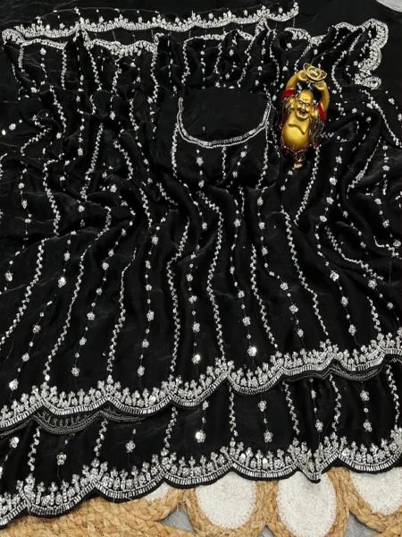 Heavy Zari Embroidery Scalloped Cutwork Border Chiffon Satin Saree