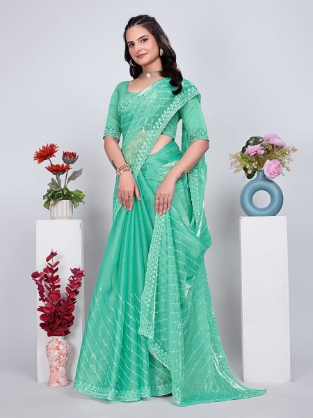 Jimmy Chu Embroidered Sequins Saree with Unstitched Blouse Piece     Elegant Party   Wedding Wear Daily Deals