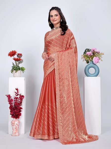 Jimmy Chu Embroidered Sequins Saree with Unstitched Blouse Piece     Elegant Party   Wedding Wear Embroidered Sarees