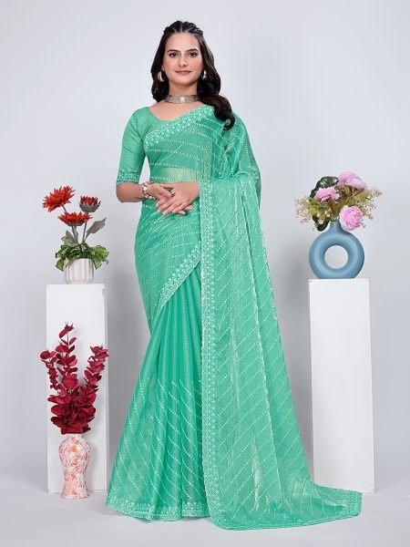 Jimmy Chu Embroidered Sequins Saree with Unstitched Blouse Piece     Elegant Party   Wedding Wear Embroidered Sarees