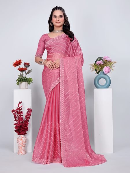 Jimmy Chu Embroidered Sequins Saree with Unstitched Blouse Piece     Elegant Party   Wedding Wear Embroidered Sarees
