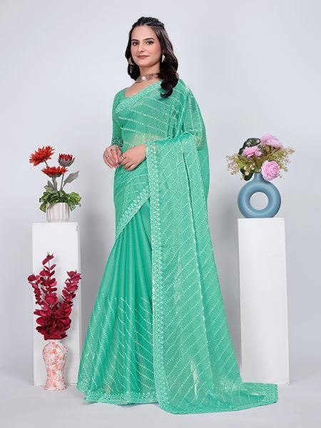 Jimmy Chu Embroidered Sequins Saree with Unstitched Blouse Piece     Elegant Party   Wedding Wear Embroidered Sarees