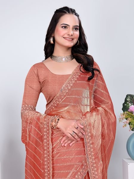 Jimmy Chu Embroidered Sequins Saree with Unstitched Blouse Piece     Elegant Party   Wedding Wear Embroidered Sarees