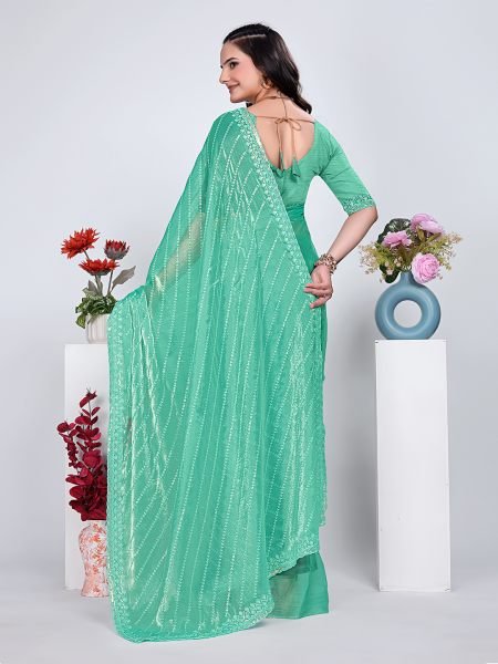 Jimmy Chu Embroidered Sequins Saree with Unstitched Blouse Piece     Elegant Party   Wedding Wear Embroidered Sarees