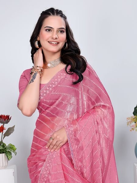 Jimmy Chu Embroidered Sequins Saree with Unstitched Blouse Piece     Elegant Party   Wedding Wear Embroidered Sarees