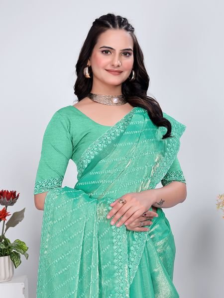 Jimmy Chu Embroidered Sequins Saree with Unstitched Blouse Piece     Elegant Party   Wedding Wear Embroidered Sarees