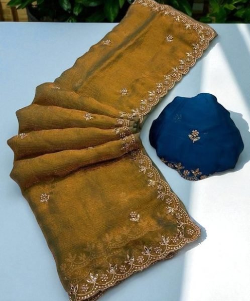 Jimmy Chu Saree with Elegant Thread   Moti Embroidery Work   Unstitched Blouse Piece Daily Deals