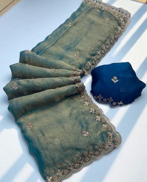 Jimmy Chu Saree with Elegant Thread   Moti Embroidery Work   Unstitched Blouse Piece Daily Deals