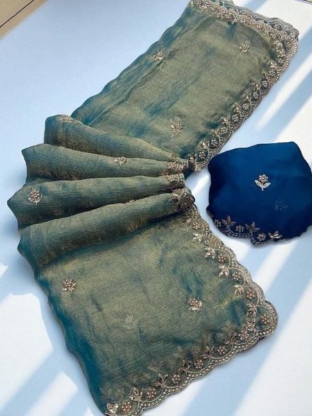 Jimmy Chu Saree with Elegant Thread   Moti Embroidery Work   Unstitched Blouse Piece Daily Deals
