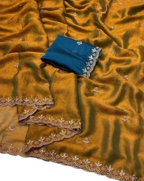 Jimmy Chu Saree with Elegant Thread   Moti Embroidery Work   Unstitched Blouse Piece Designer Sarees