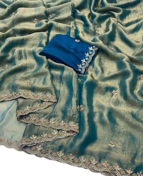 Jimmy Chu Saree with Elegant Thread   Moti Embroidery Work   Unstitched Blouse Piece Designer Sarees