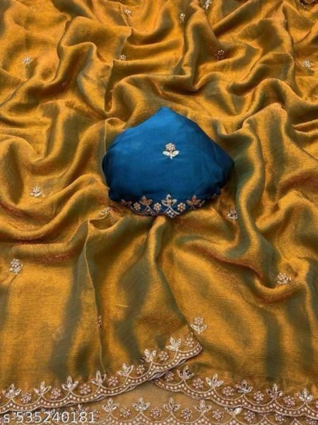 Jimmy Chu Saree with Elegant Thread   Moti Embroidery Work   Unstitched Blouse Piece Designer Sarees