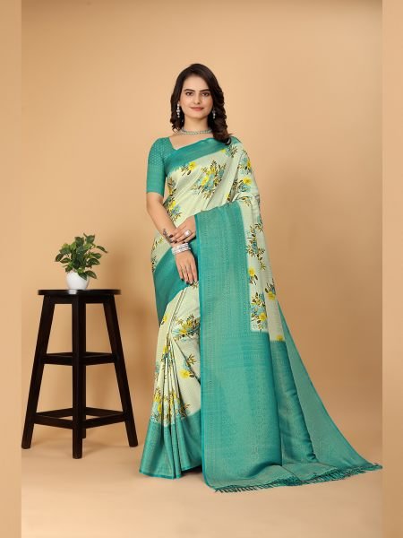 Kanjivaram Copper Zari Digital Print Rama Saree Sale