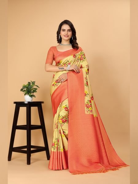 Kanjivaram Copper Zari Digital Print Peach Saree Sale