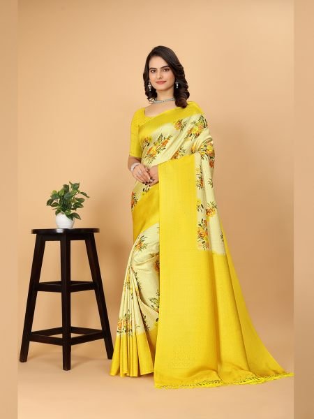 Kanjivaram Copper Zari Digital Print Yellow Saree Kanjivaram Sarees