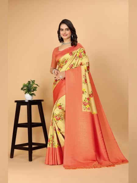 Kanjivaram Copper Zari Digital Print Peach Saree Kanjivaram Sarees