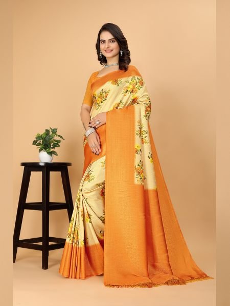 Kanjivaram Copper Zari Digital Print Orange Saree Kanjivaram Sarees