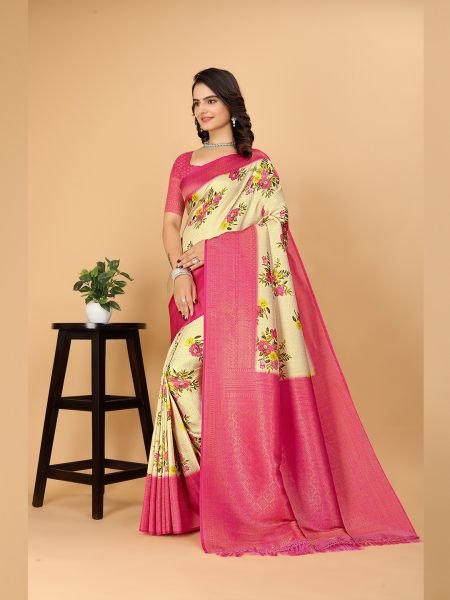 Kanjivaram Copper Zari Digital Print Rani Saree Kanjivaram Sarees