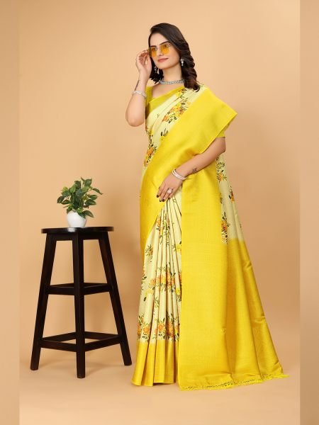 Kanjivaram Copper Zari Digital Print Yellow Saree Kanjivaram Sarees