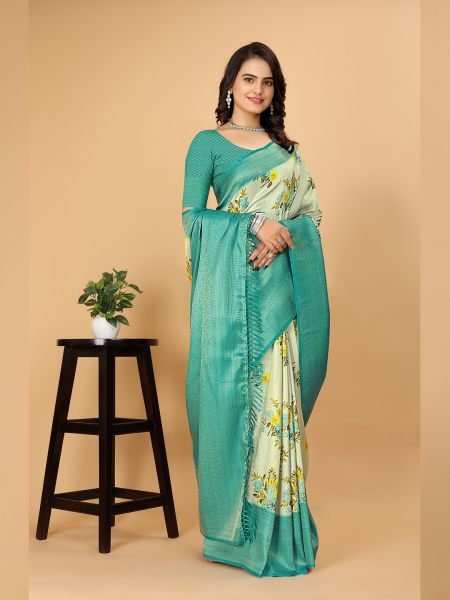 Kanjivaram Copper Zari Digital Print Rama Saree Kanjivaram Sarees