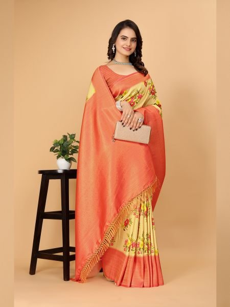 Kanjivaram Copper Zari Digital Print Peach Saree Kanjivaram Sarees