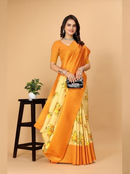 Kanjivaram Copper Zari Digital Print Orange Saree Kanjivaram Sarees