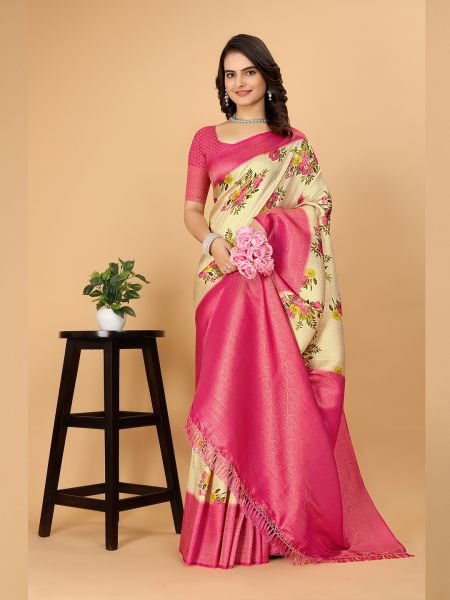 Kanjivaram Copper Zari Digital Print Rani Saree Kanjivaram Sarees
