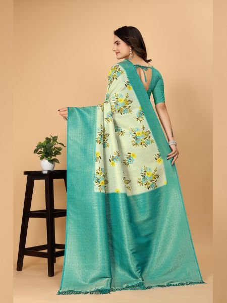 Kanjivaram Copper Zari Digital Print Rama Saree Kanjivaram Sarees
