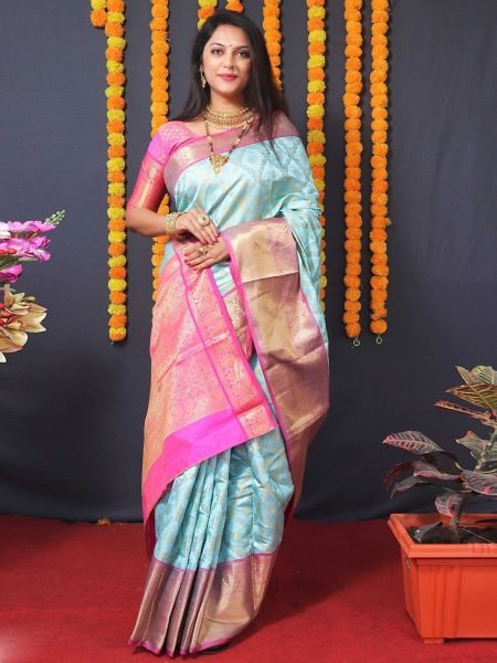 Kanjivaram Silk Saree with Rich Pallu with Unstitched Blouse Piece Daily Deals