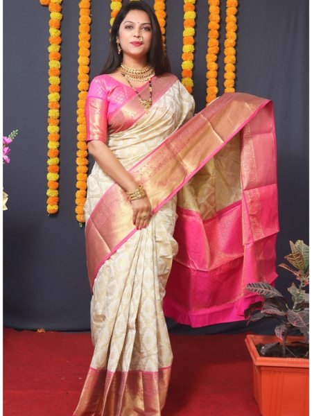 Kanjivaram Silk Saree with Rich Pallu with Unstitched Blouse Piece Daily Deals
