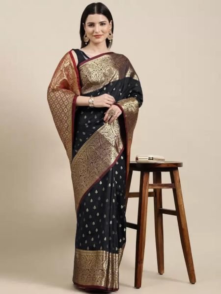 Kanjivaram Softy Copper Zari Black Saree Sale