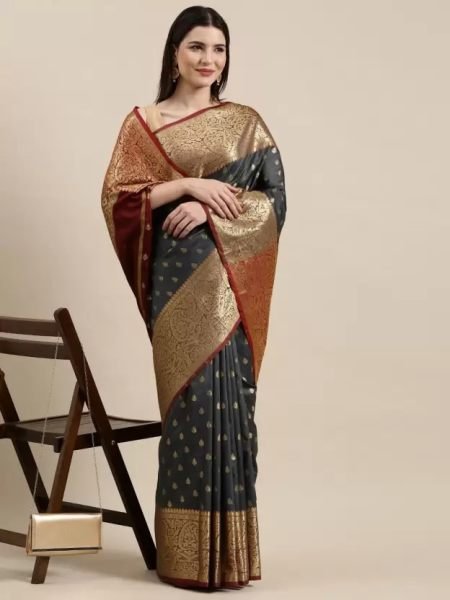 Kanjivaram Softy Copper Zari Grey Saree Sale