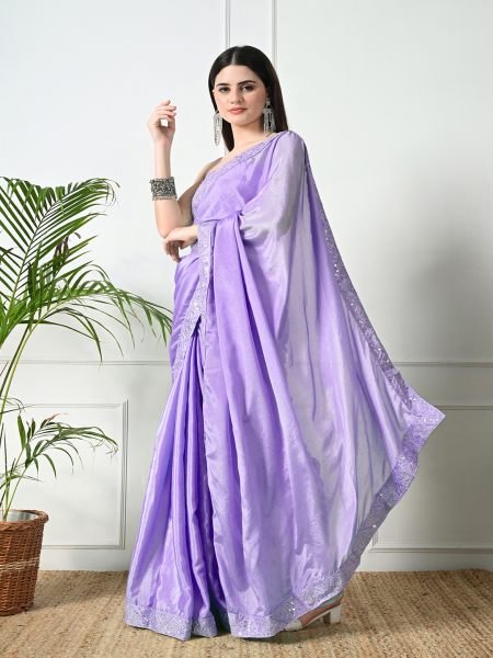 Lavender Chic Party Wear A Modern Chinon Solid Saree with an Embroidered Lace Border Designer Sarees