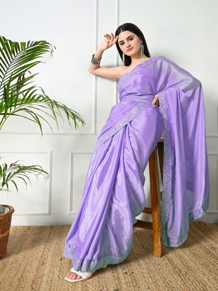 Lavender Chic Party Wear A Modern Chinon Solid Saree with an Embroidered Lace Border Designer Sarees