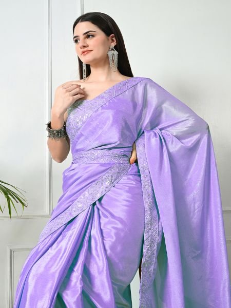 Lavender Chic Party Wear A Modern Chinon Solid Saree with an Embroidered Lace Border Designer Sarees