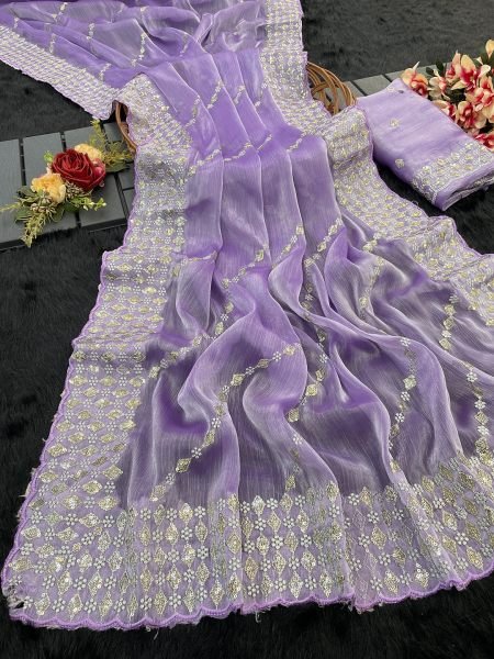 Lavender Organza Saree with Embroidered Sequence Butti Scalloped Border Sale