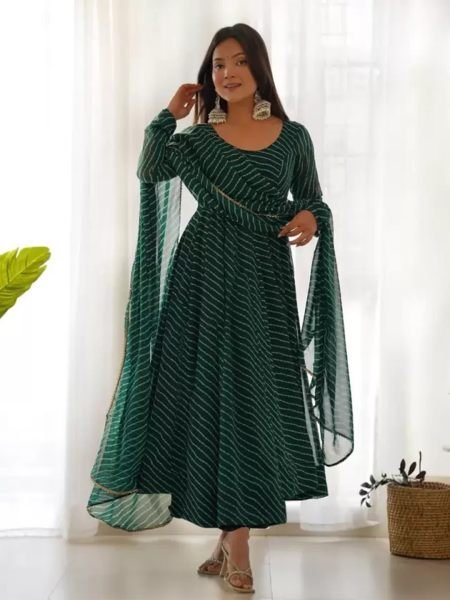 Leheriya Printed Georgette Green Anarkali Gown Sale