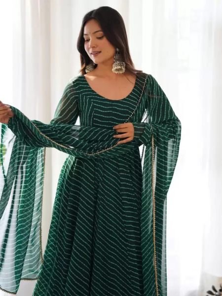 Leheriya Printed Georgette Green Anarkali Gown Gown