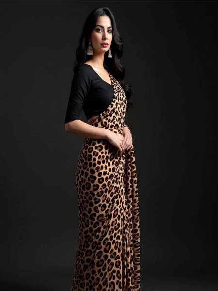 Leopard Print Silk Crepe Saree with Contrast Black Blouse Piece Printed Sarees