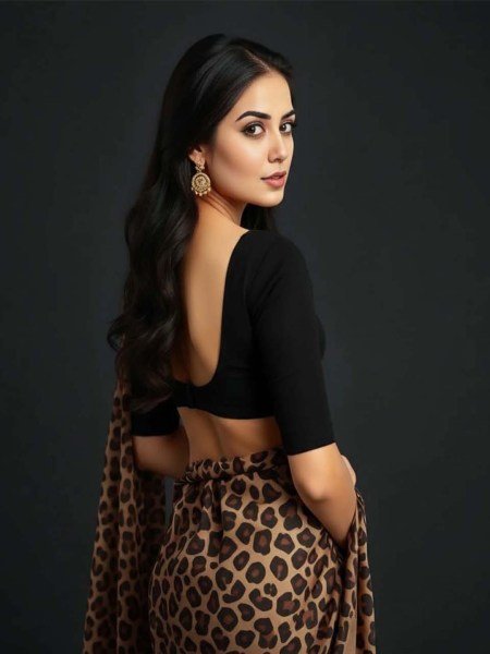 Leopard Print Silk Crepe Saree with Contrast Black Blouse Piece Printed Sarees
