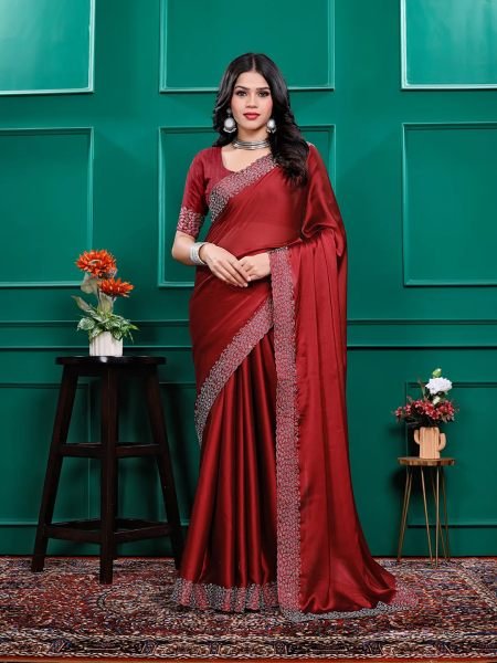 Luxury Silk Saree with Swarovski Diamond Lace Work   Unstitched Blouse Piece Daily Deals